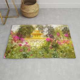 Fountain in the rose garden Rug | Digital, Painting, Park, Fountain, Landscape, Garden, Nature, Roses 