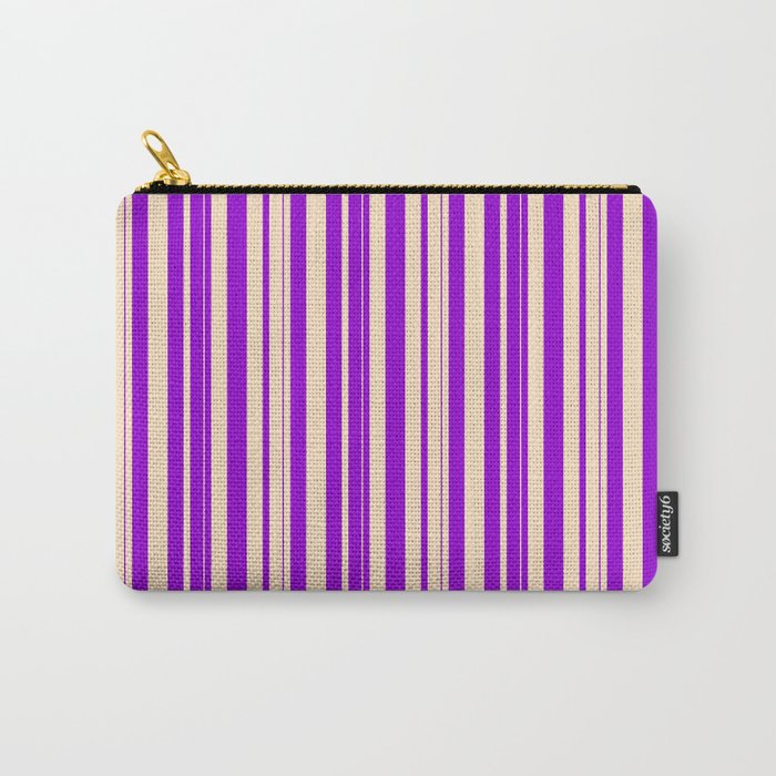 Bisque and Dark Violet Colored Lined/Striped Pattern Carry-All Pouch