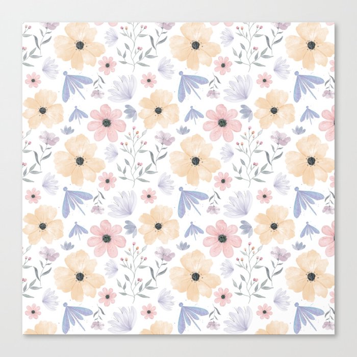 Pink and Orange Floral Pattern with Dragonflies Canvas Print