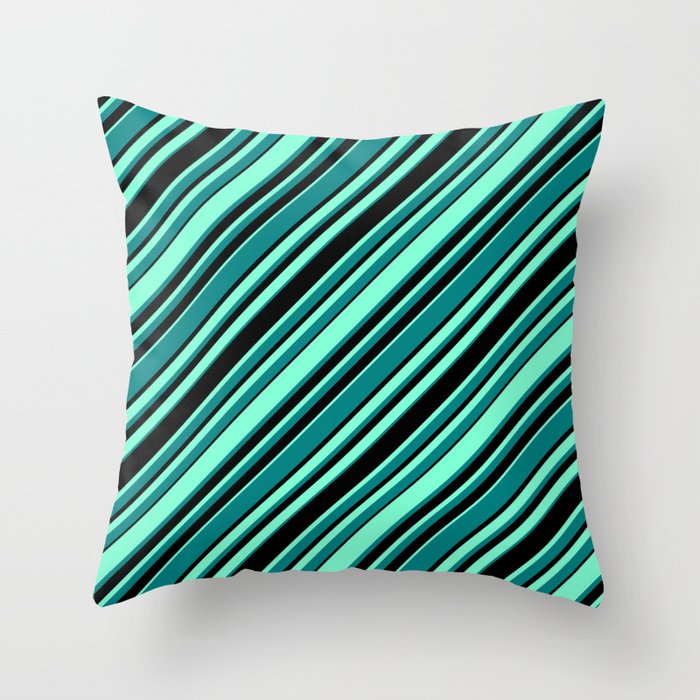 Aquamarine, Teal, and Black Colored Pattern of Stripes Throw Pillow