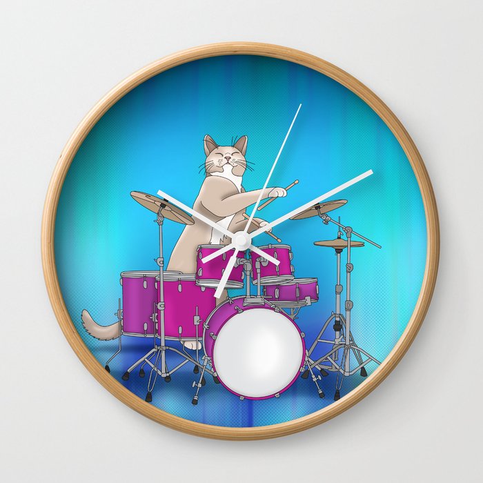 Cat Playing Drums - Blue Wall Clock