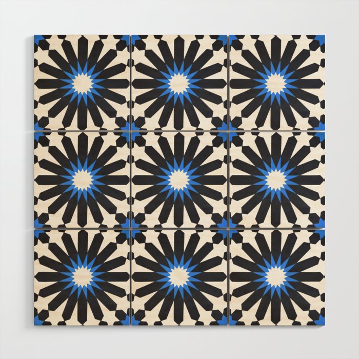 N237 - Geometric Blue Traditional Boho Moroccan Style Tiles Pattern Wood Wall Art