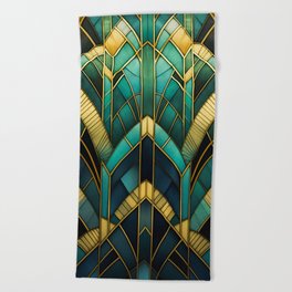 Gatsby Inspired Dark Green Gold Art Deco Pattern Beach Towel