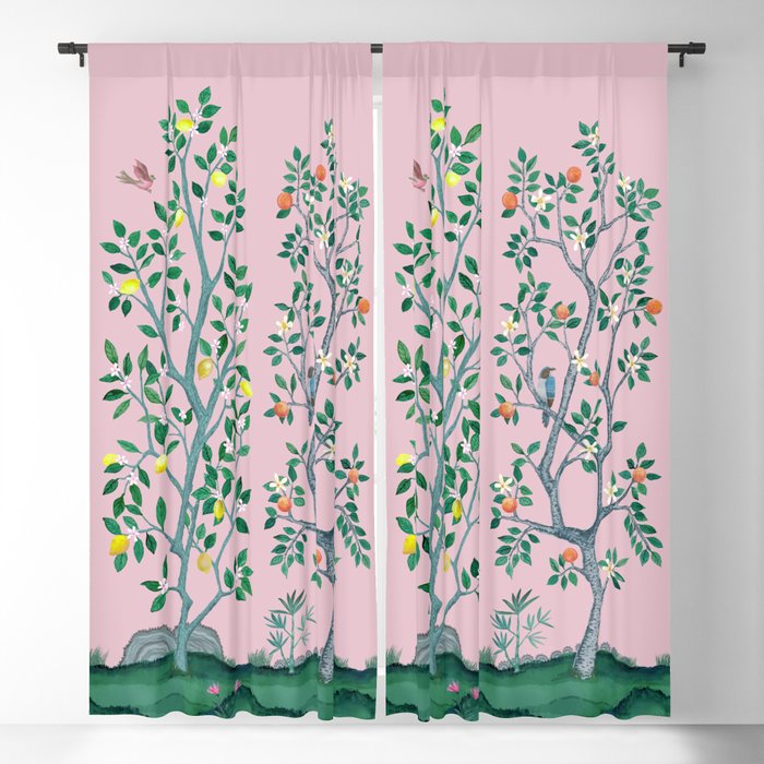 Citrus Grove Chinoiserie Mural in Pink Blackout Curtain