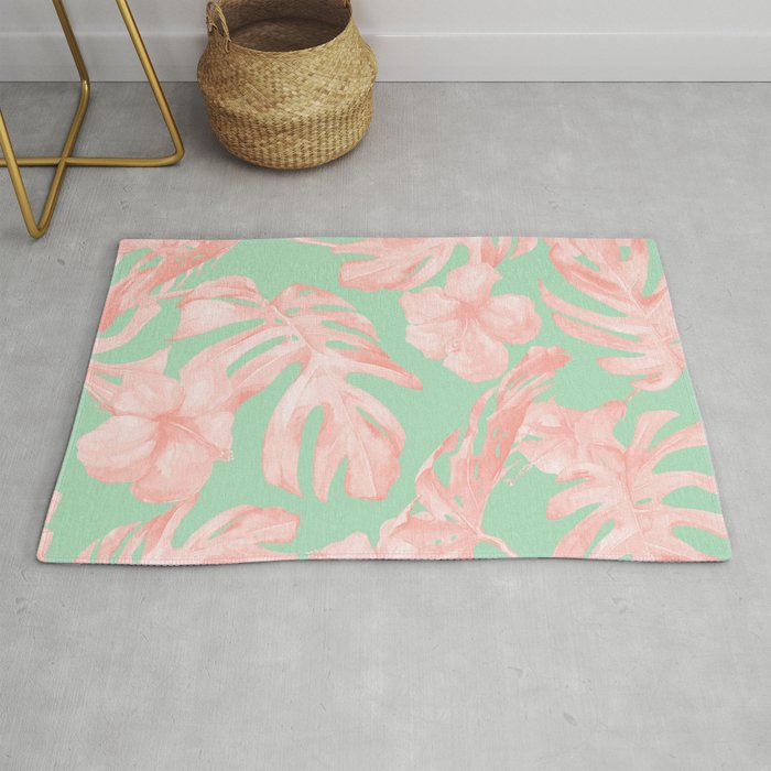 Tropical Palm Leaves Hibiscus Pink Mint Green Rug by Simple Luxe by