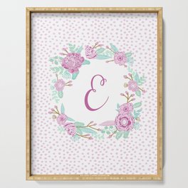 Monogram E - cute girls purple florals flower wreath, lilac florals, baby girl, baby blanket Serving Tray