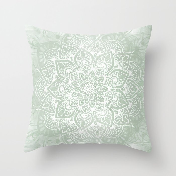 Mandala, Yoga Love, Sage Green, Boho Print Throw Pillow