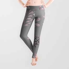 Pink Leaves on Gray Silver Background Leggings