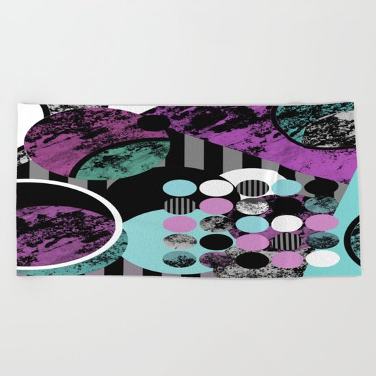 Bits N Pieces II - Abstract, geometric, textured, stripes, cyan, blue, pink, black, artwork Beach Towel