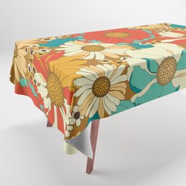 Red, Orange, Turquoise & Brown Retro Floral Pattern Tablecloth