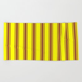 [ Thumbnail: Yellow and Sienna Colored Lined/Striped Pattern Beach Towel ]