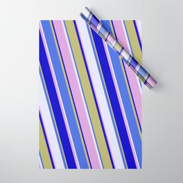 [ Thumbnail: Vibrant Royal Blue, Lavender, Plum, Blue, and Dark Khaki Colored Lined/Striped Pattern Wrapping Paper ]