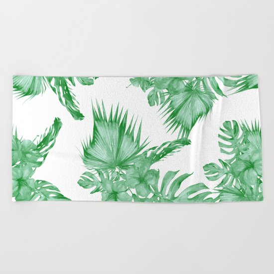 Palm Leaves and Hibiscus Tropical Green Beach Towel