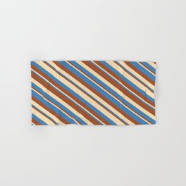 [ Thumbnail: Tan, Blue & Sienna Colored Stripes/Lines Pattern Hand & Bath Towel ]