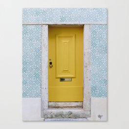 Yellow Door With Blue Portuguese Tiles | Azulejos | Lisbon Canvas Print