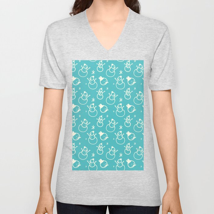 Christmas Pattern Handdrawn Blue White Snowman V Neck T Shirt