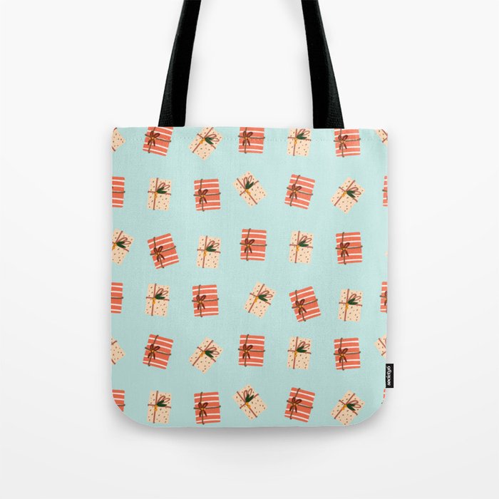 Pastel Peach Christmas Gift Print Blue Background Pattern Tote Bag