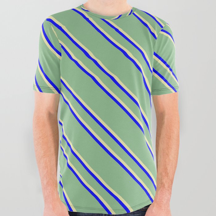 Dark Sea Green, Pale Goldenrod, and Blue Colored Striped Pattern All Over Graphic Tee