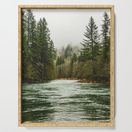 Wanderlust Forest River - Mountain Adventure in Foggy Woods Serving Tray