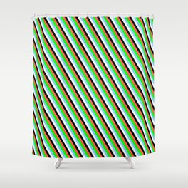 [ Thumbnail: Eye-catching Red, Lime, Light Sky Blue, Mint Cream & Black Colored Lined Pattern Shower Curtain ]