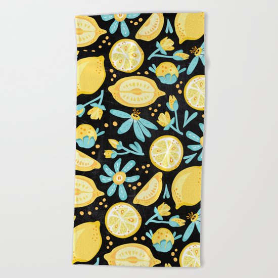Lemon Pattern Black Beach Towel