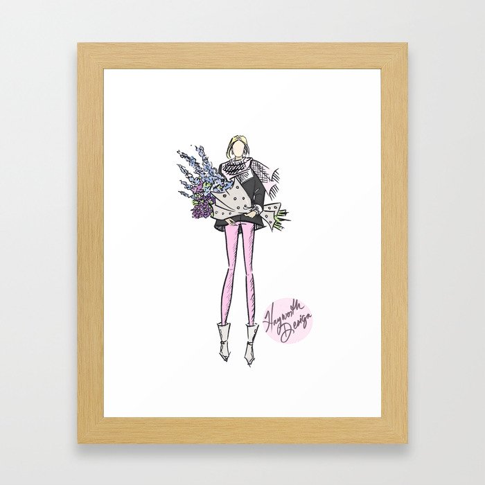 Hayworth Design Fashion Illustration "Fashionable Girl with Pink Scarf and Flowers"     Framed Art Print