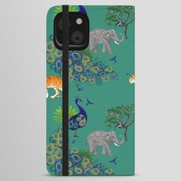 Peacock, tiger,elephant pattern green,blue background  iPhone Wallet Case
