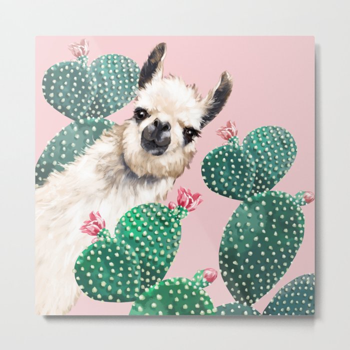 Llama and Cactus Pink Metal Print