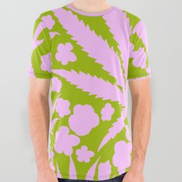 Retro Modern Cannabis And Flowers Pastel Pink On Green All Over Graphic Tee