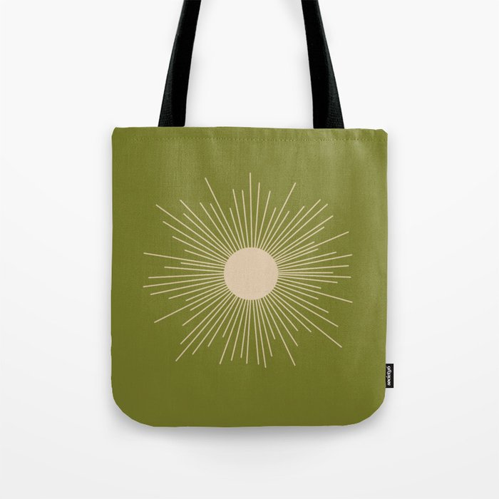 Mid-Century Modern Sunburst II - Minimalist Sun in Mid Mod Beige and Olive Green Tote Bag