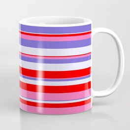 [ Thumbnail: Slate Blue, Lavender, Red & Hot Pink Colored Stripes/Lines Pattern Coffee Mug ]