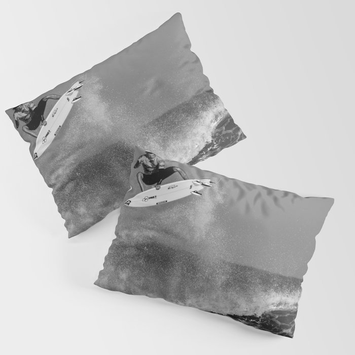 Surf's up; surfer riding the big waves surfing black and white photograph - photography - photographs Pillow Sham