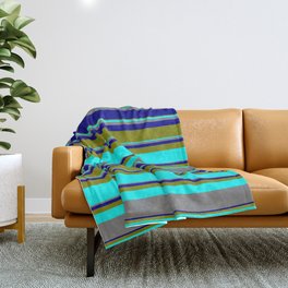 [ Thumbnail: Green, Cyan, Grey, and Dark Blue Colored Striped Pattern Throw Blanket ]