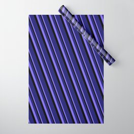 [ Thumbnail: Medium Slate Blue, Black, and Midnight Blue Colored Stripes Pattern Wrapping Paper ]