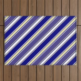 [ Thumbnail: Dark Slate Blue, Pale Goldenrod, Blue & White Colored Lines Pattern Outdoor Rug ]