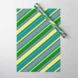 [ Thumbnail: Light Slate Gray, Dark Cyan, Tan & Green Colored Pattern of Stripes Wrapping Paper ]