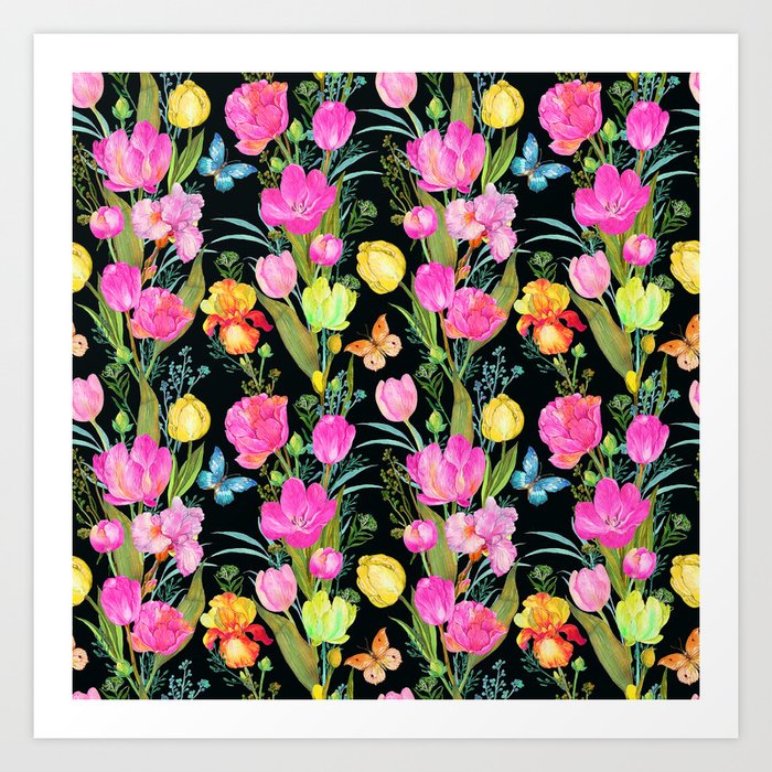 Bright Pink Tulips And Butterflies Pattern On Black Art Print