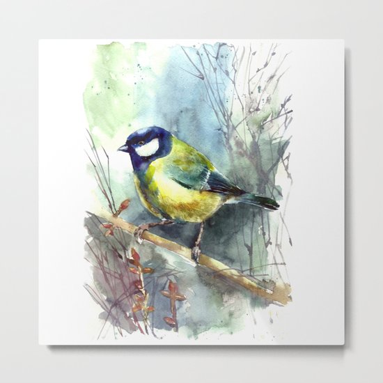 Watercolor aquarelle titmouse bird Metal Print