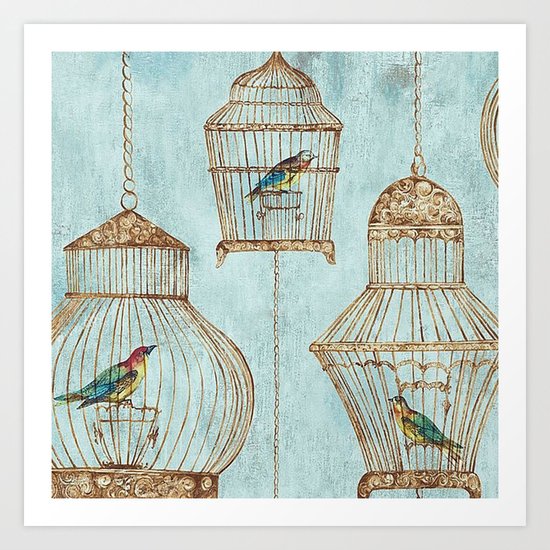 Vintage dream- Exotic colorful birds in cages on aqua background #Society6 Art Print