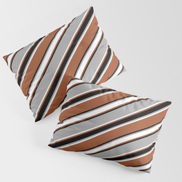 [ Thumbnail: Dark Gray, White, Sienna & Black Colored Pattern of Stripes Pillow Sham ]