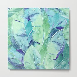 Banana Tree Leaves | Tropical  BLUE Watercolor Metal Print | Botanical, Watercolor, Banana, Summer, Leaf, Island, Painting, Tropical, Coastal, Foliage 