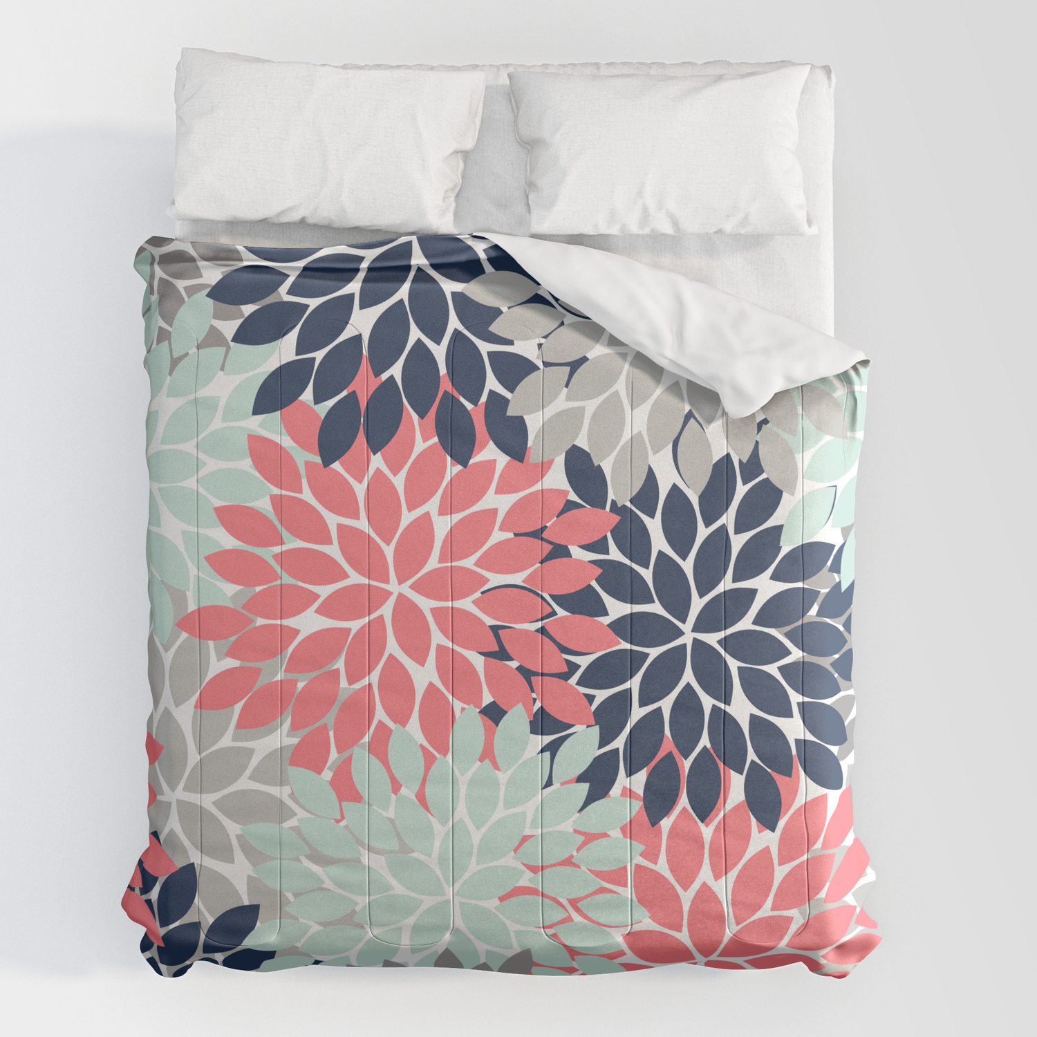 Flower Burst Petals Floral Pattern Navy Coral Mint Gray Comforters By Trmdesign Society6
