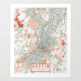 Austin City Map of Texas, USA - Bohemian Art Print