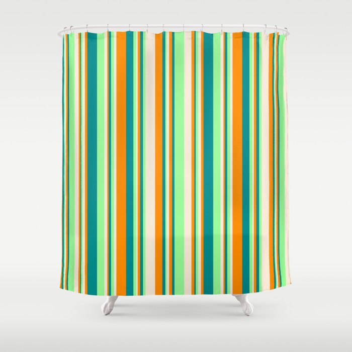 Green, Dark Cyan, Dark Orange, and Beige Colored Stripes Pattern Shower Curtain
