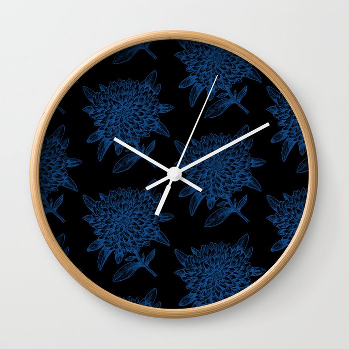 Elegant Flowers Floral Nature Black Blue Wall Clock