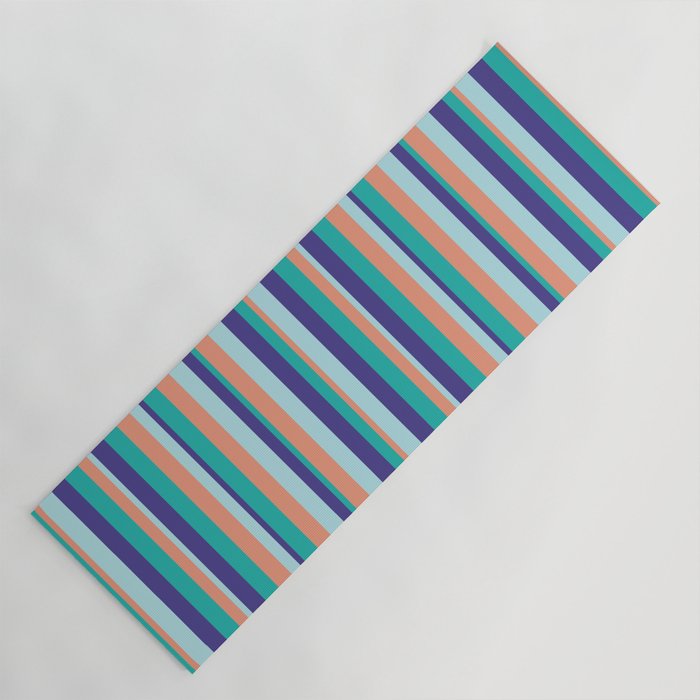 Light Sea Green, Dark Slate Blue, Powder Blue, and Dark Salmon Colored Striped Pattern Yoga Mat
