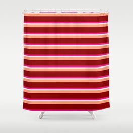 [ Thumbnail: Crimson, Deep Pink, White, Light Salmon, and Dark Red Colored Lines Pattern Shower Curtain ]