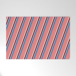 [ Thumbnail: Eyecatching Blue, Light Coral, Light Grey, Dark Red, and White Colored Stripes Pattern Welcome Mat ]