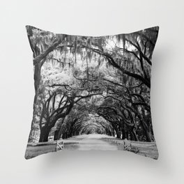 Spanish Moss on Southern Live Oak Trees black and white photograph / black and white art photography Throw Pillow