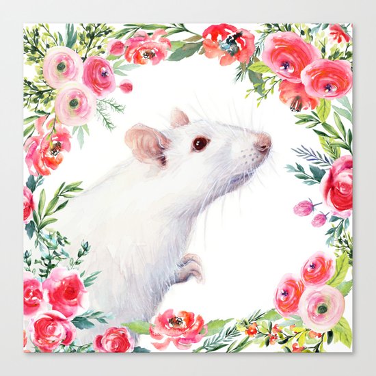 White Rat with Flowers Watercolor Floral Pattern Animal Canvas Print